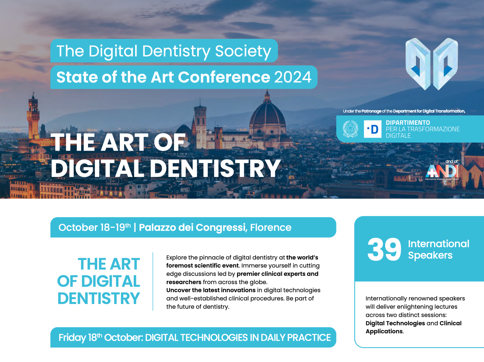 Locandina del congresso Digital Dentistry Society State of the Art Conference 2024 al Palazzo dei Congressi di Firenze
