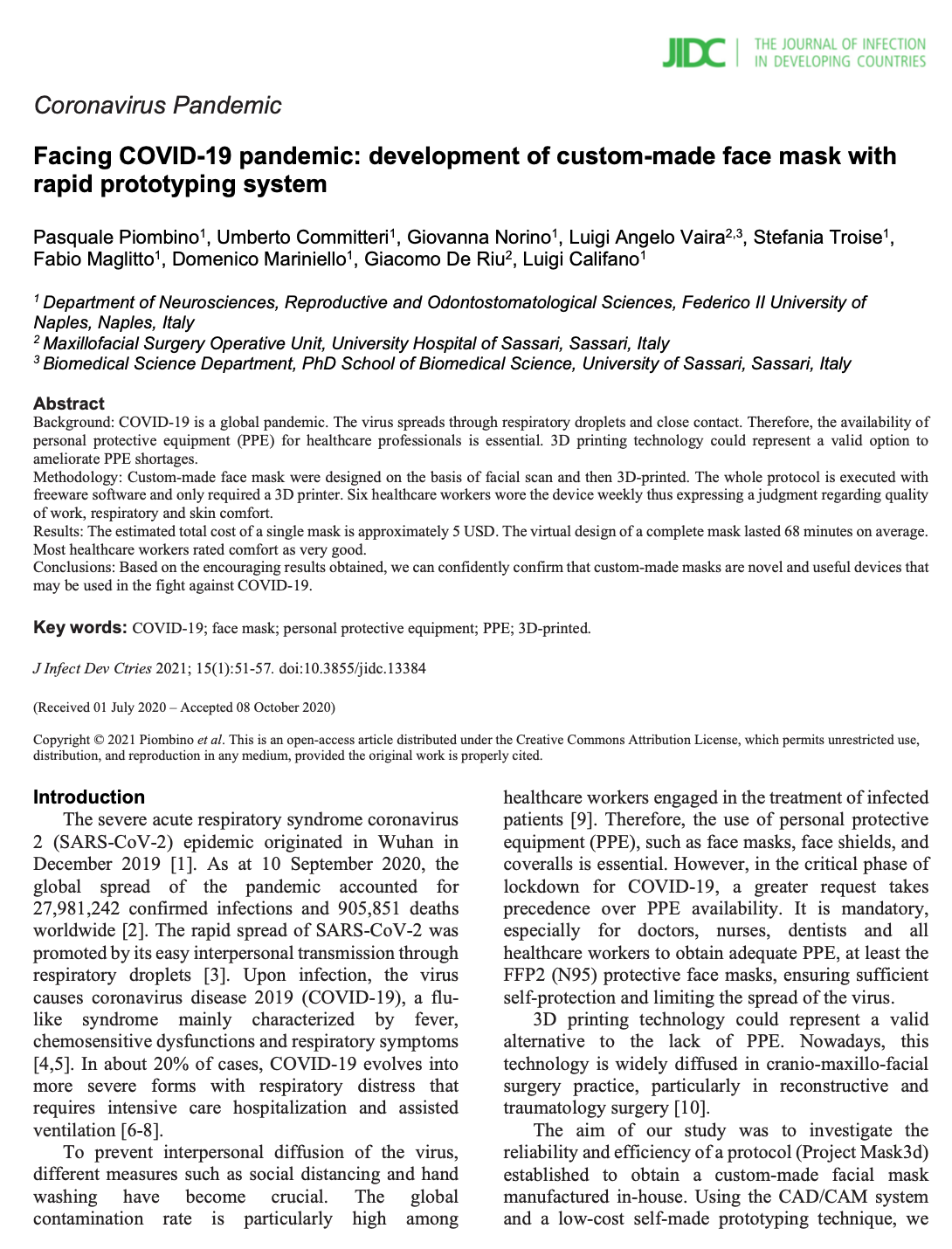 Facing COVID-19 pandemic: development of custom-made face mask with rapid prototyping system