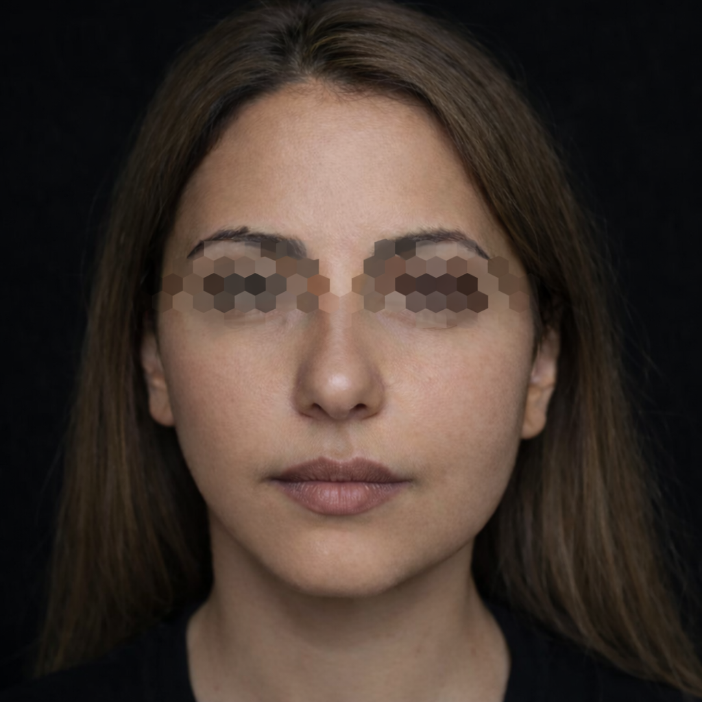 Volto femminile con lieve asimmetria facciale naturale, senza alterazioni funzionali.