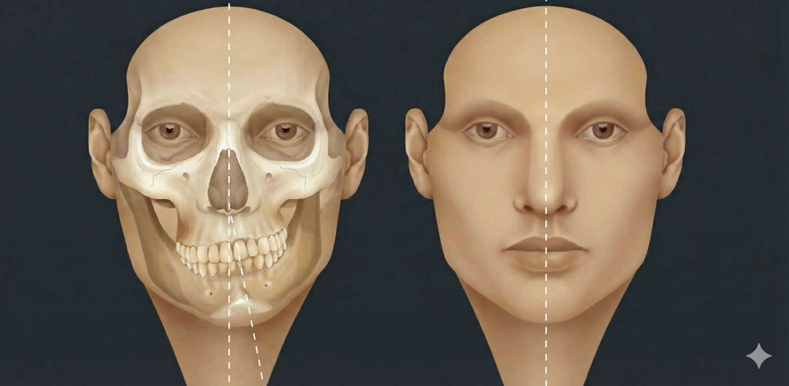Illustrazione che confronta un volto umano con il cranio sottostante, evidenziando una deviazione mandibolare e l’asimmetria della linea mediana.