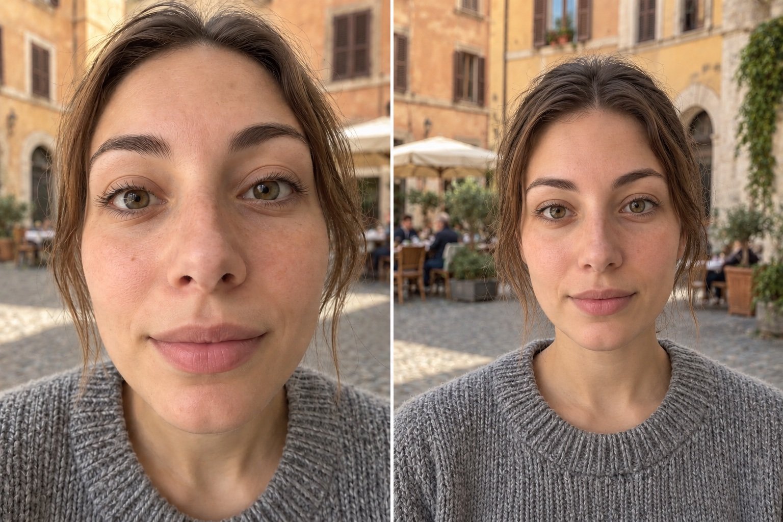 Lo stesso volto fotografato da trenta centimetri e da un metro e mezzo, distorsione del selfie, chirurgia maxillo-facciale Caserta e Napoli