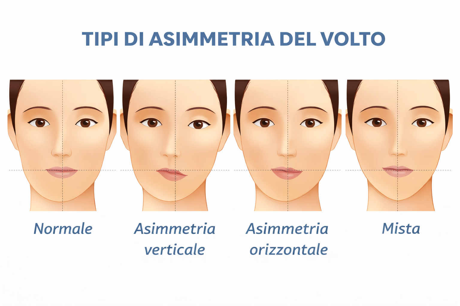 Tipi di asimmetria del volto: normale, asimmetria verticale, orizzontale e mista – classificazione clinica in Chirurgia Maxillo-Facciale