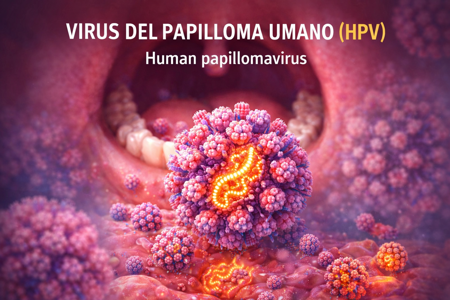 Virus del Papilloma Umano (HPV) – Infezione orale | Napoli e Caserta Illustrazione del Virus del Papilloma Umano (HPV) che infetta le cellule della bocca, con particolare attenzione alla prevenzione e diagnosi dell’HPV orale a Napoli e Caserta